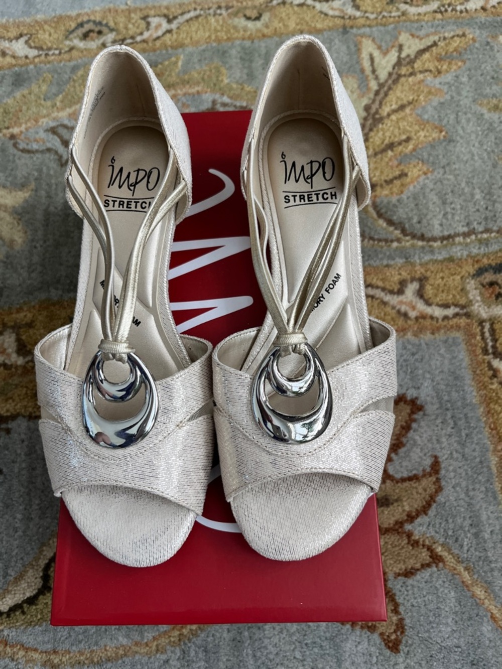 IMPO Metallic Cream Open-Toe Slingback Heels with Silver Accent